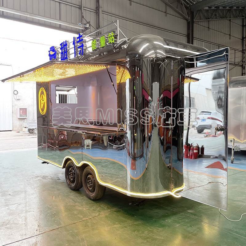 网红镜面不锈钢拖挂餐车商用餐厅移动多功能冰淇淋奶茶咖啡冷饮车