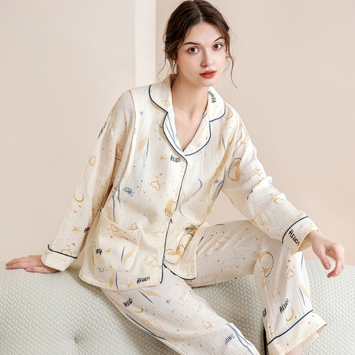 Selected Pure Cotton Gauze Long-Sleeve Postpartum Maternity Pajamas Autumn Comfortable Breathable Nursing Home Set