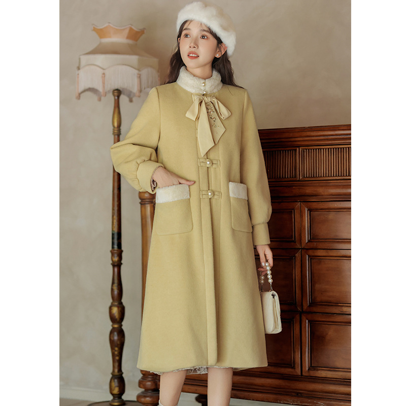 New Chinese Style Bow Tie Yellow Woolen Outwear Women's Mid-Length Lamb Wool Splicing Stand Collar Woolen Outwear