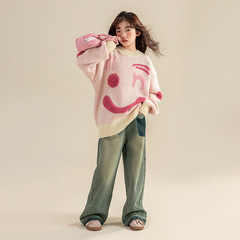 女の子用セーター2025新作、中高生向け冬用おしゃれ厚手ニット、子供用秋冬ゆったりインナー用セーター