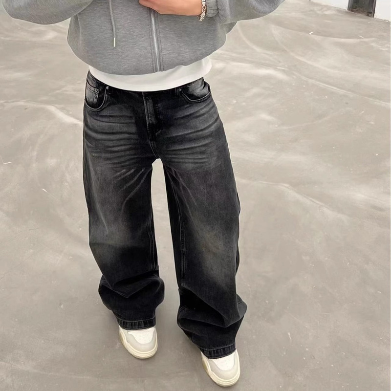 Foreign trade American retro cat beard jeans washed black cleanfit distressed damage cat beard all-match wide leg pants