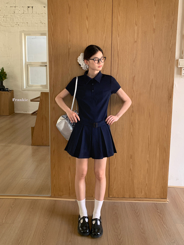 宋正恩学院风polo领连衣裙女夏季高腰小个子高级绝美a字百褶短裙|undefined