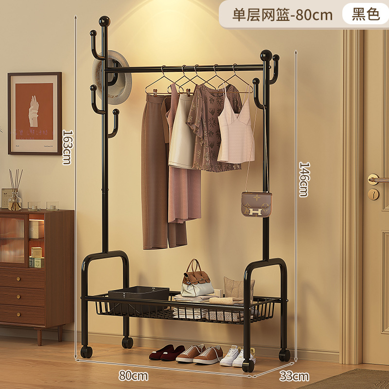 80cm 싱글 레이어 메쉬 바스켓 - 클래식 블랙 + 후크 6개 + 금속 범용 휠