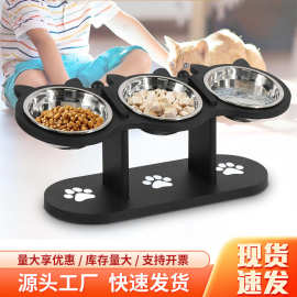 竹质三碗喂食器家用猫狗通用宠物碗架防滑倾斜设计护颈宠物餐桌架