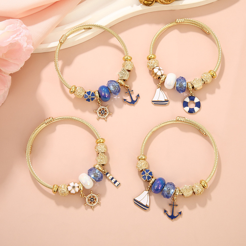Ocean-Themed Beaded Bracelet with a Girly, Personalized, Fashionable Design Featuring a Sailboat and Lighthouse Alloy Pendant, Adjustable Open Bracelet