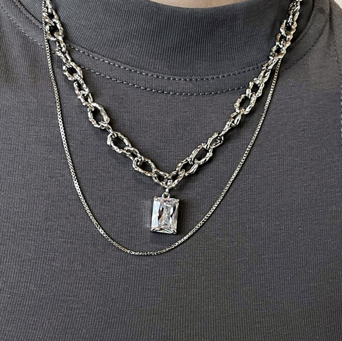 Fashion Square Titanium Steel Layered Necklaces Inlay Artificial Gemstones Stainless Steel Necklaces_colorza_5