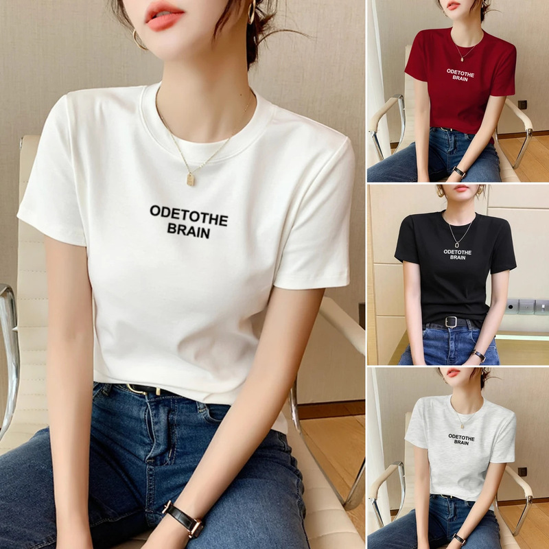 ODE] 2025 summer new short sleeve T-shirt female letter printed round neck Joker slim slim half sleeve foreign style top