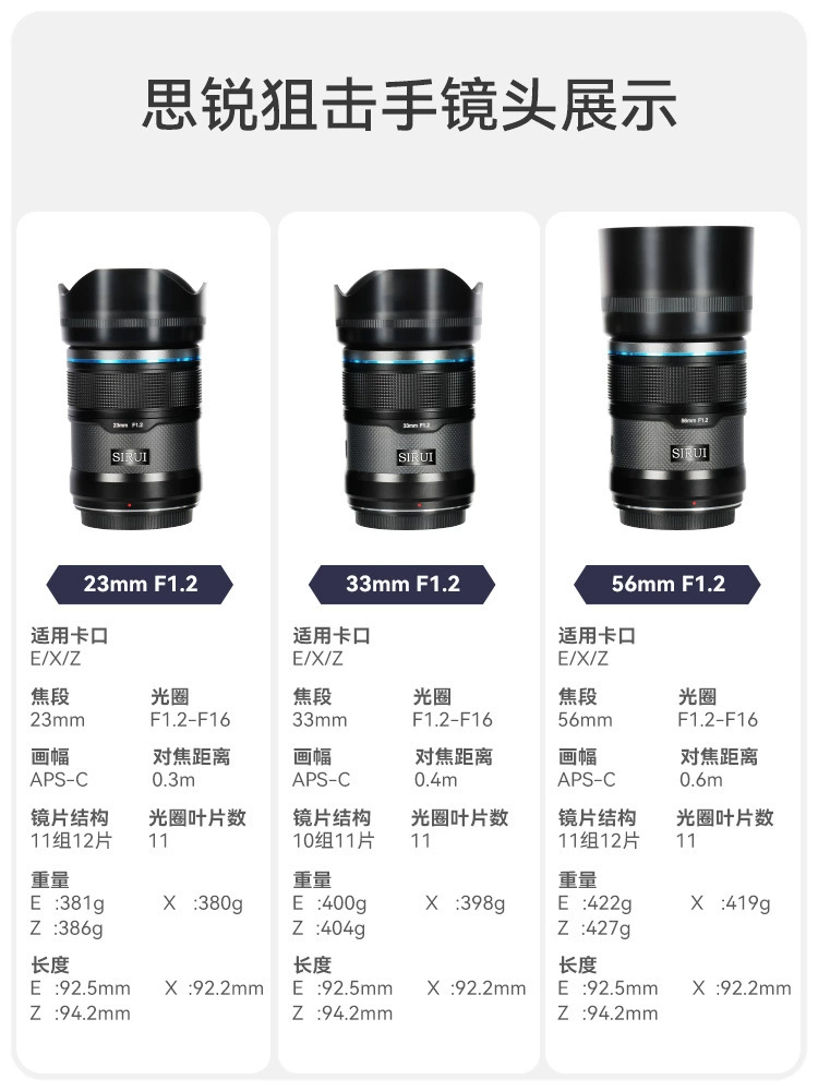 思锐 Sniper 23/33/56mmf1.2 大光圈微涡像肖像自动对焦镜头