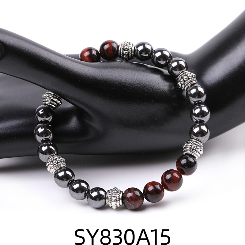 SY830A15 Red Tiger Stone + Black Iron Ore Drum Bead Bracelet