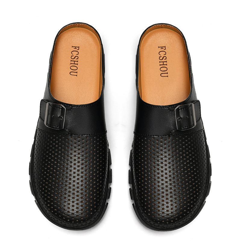 Men's Closed-Toe Slippers, Genuine Leather Breathable Clogs, Thick-Soled Non-Slip Casual Leather Shoes, Slip-On Mules