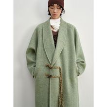 [识时]新品流苏牛角扣兔丝绒v领宽松长袖羊毛双面呢大衣外套V9642