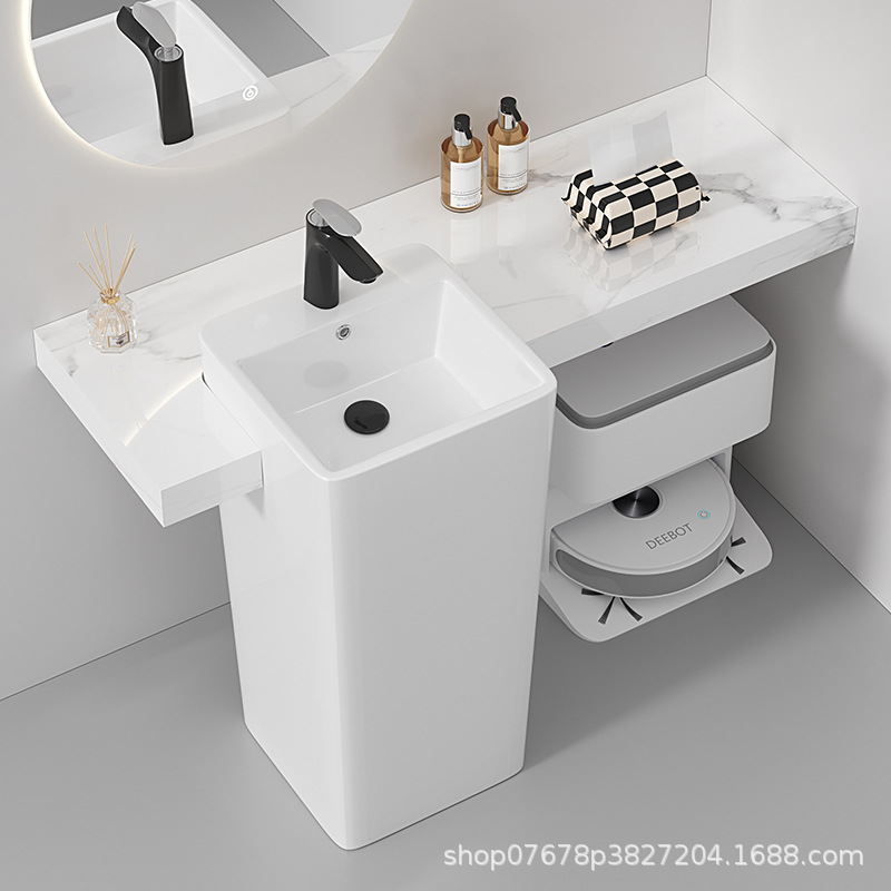 Ceramic Pedestal Basin Rock Slab Extension Countertop Bathroom Wash Basin Floor-Standing Wash Basin Hotel Wash Basin