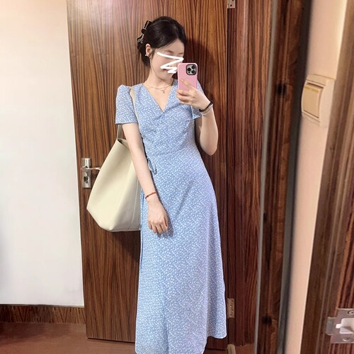 Blue floral print children's summer new high-end temperament waist-cinching very pretty V-neck long dress