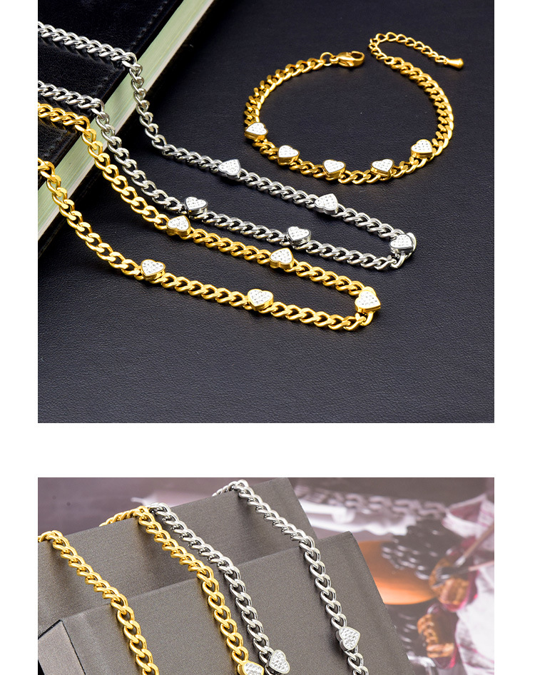Fashion Heart Shape Titanium Steel Gold Plated Rhinestones Bracelets Necklace 1 Piece display picture 2