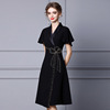 Black Ruffle sleeves， nail drill narrow waist A-shaped skirt