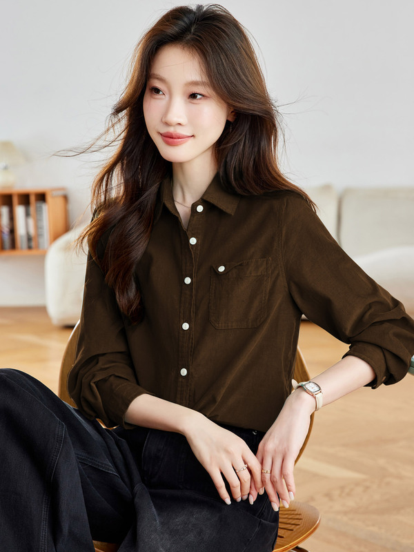 棉茧 磨毛长袖衬衫女装秋季新款通勤风翻领口袋折角多色休闲衬衣|undefined