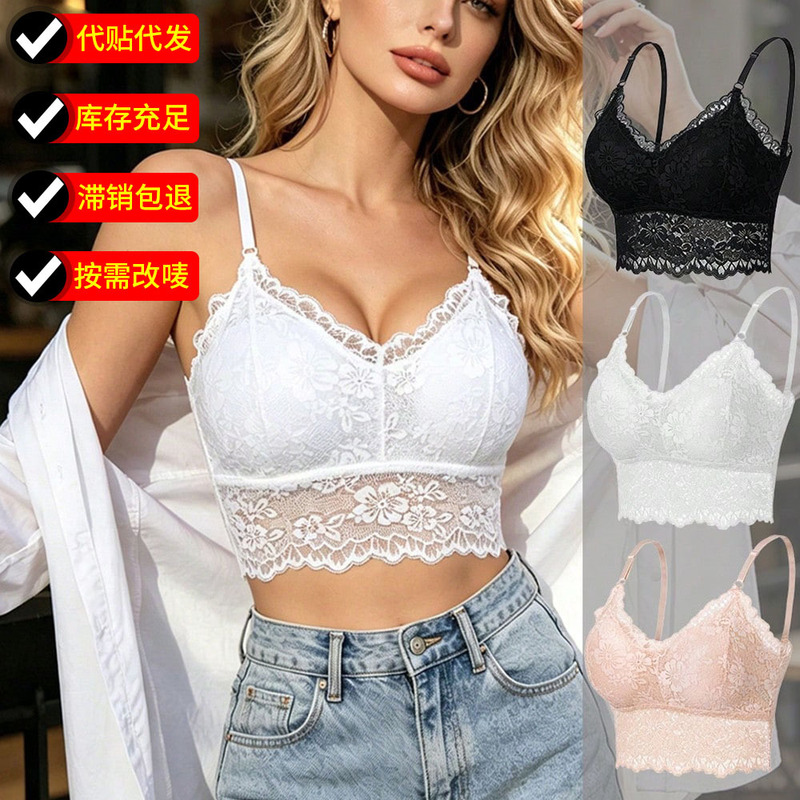 Women's Elegant Lace Wireless Bra with Breathable Detachable Chest Pads, Short Crop Top Style, Everyday Lingerie Women's Elegant Lace Wireless Bra with Breathable Detachable Chest Pads, Short Crop Top Style, Everyday Lingerie
