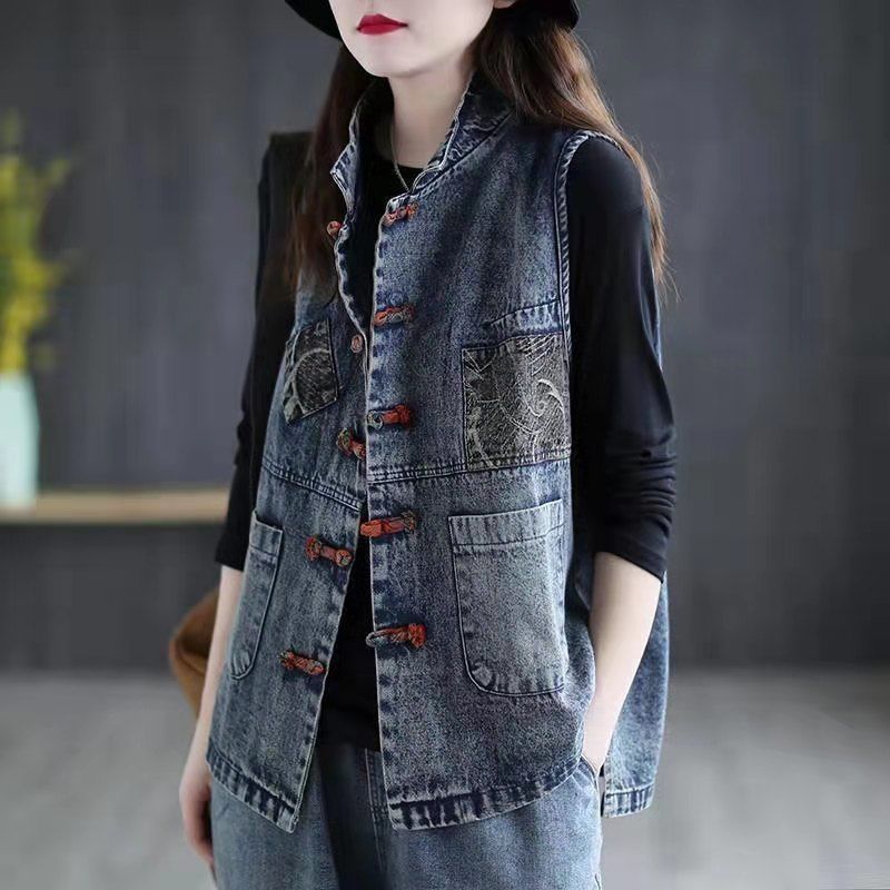 Denim Vest for Women 2025 Spring and Summer Literary Retro Large Size Ethnic Style Disc Button Outer Vest with Casual Waistcoat