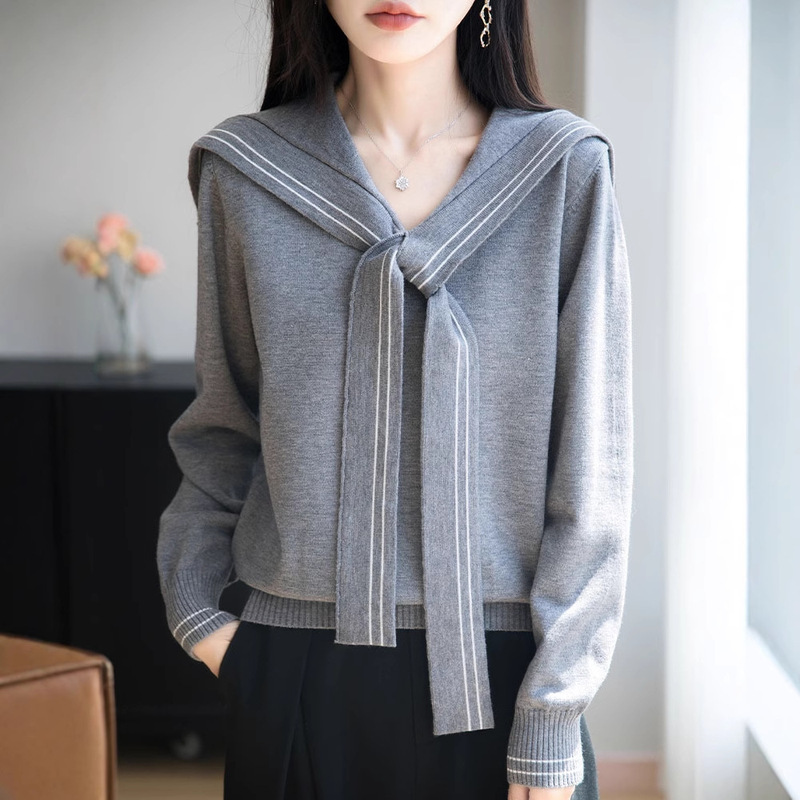 Autumn and Winter New Navy Collar Knitted Bottoming Shirt for Women, High-End Pullover Long-Sleeved Sweater, Loose and Versatile Simple Top