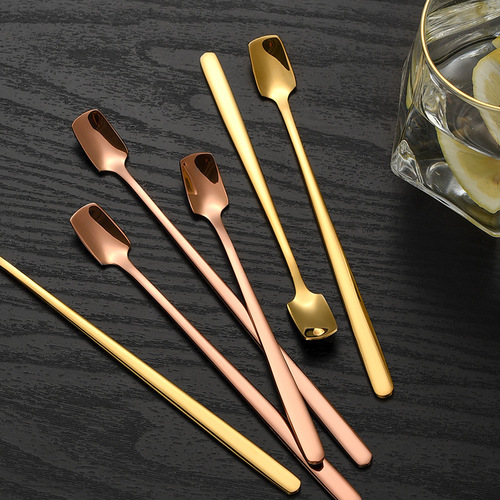 304 stainless steel square handle spoon, gold coffee stirrer, creative long handle bar ice spoon, mug gift spoon