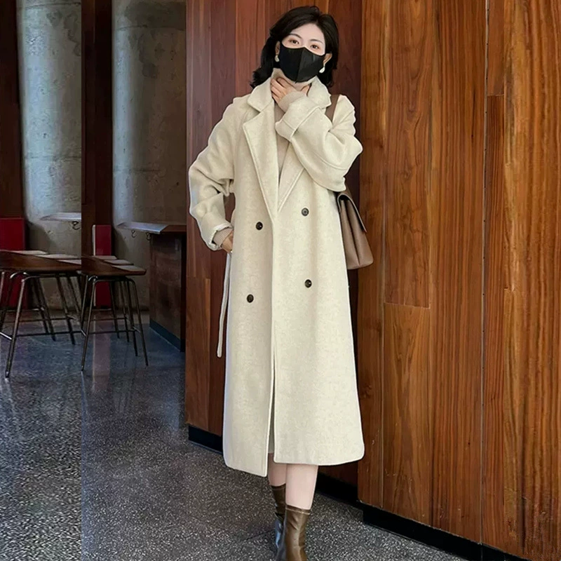 Woolen coat, demi-season fashionable long jacket, Korean style, western style, mid-length, increased thickness