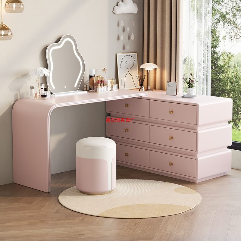 Italian Light Luxury All Solid Wood Cream Style Dressing Table Desk Integrated Simple Girls Pink Bedroom Dressing Table Leather