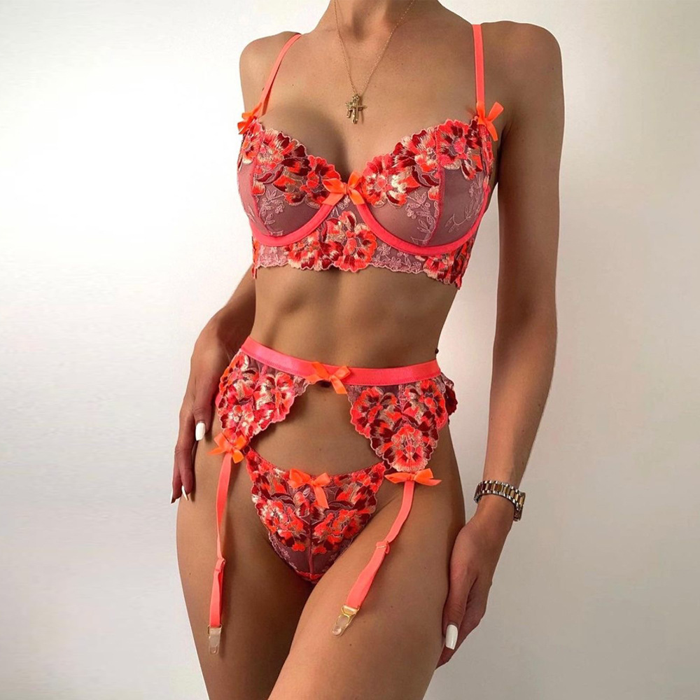 Embroidery Flower Bow Sling See-Through Underwear Three-Piece Set NSMXF114759