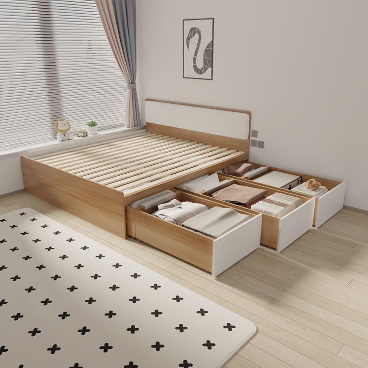 定 制储物大抽屉床小户型全拉床箱实木排骨架铺板高箱榻榻米软包