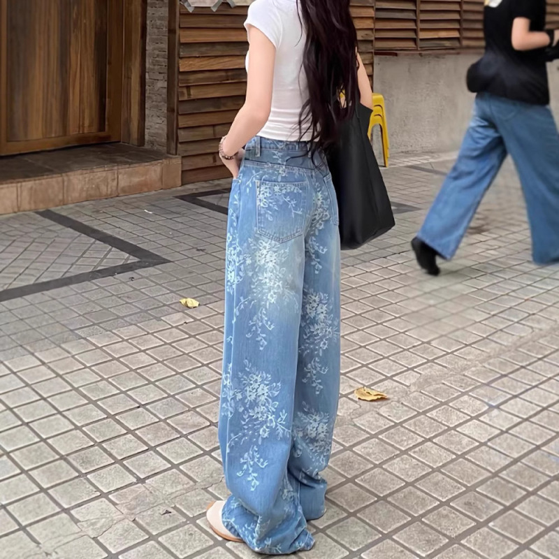 夏薄いレトロプリントナローワイドレッグストレートジーンズ女性のハイウエスト小柄なルーズドレープフロアモップパンツ|undefined