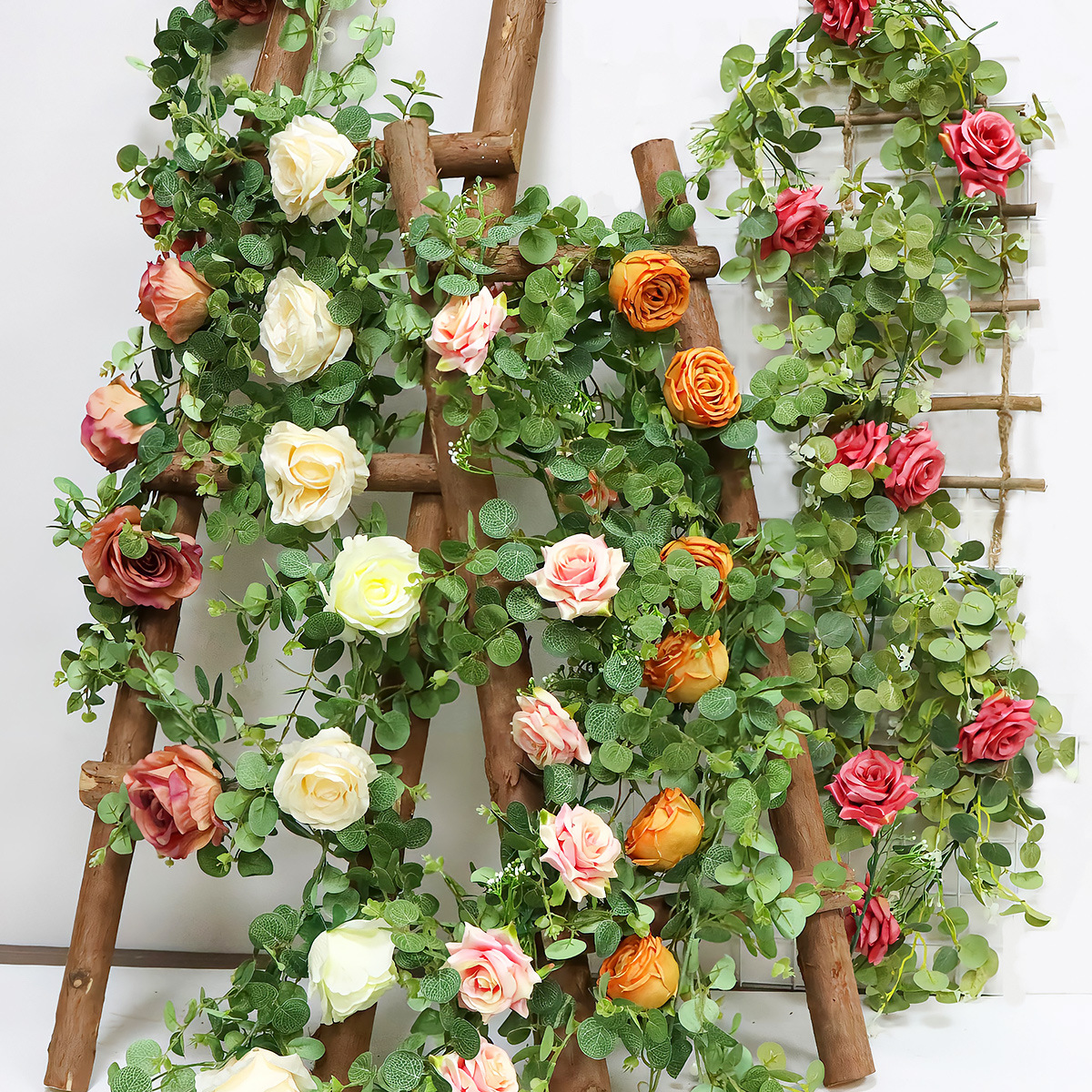 尤加利藤条花环 花园婚礼布置桉树叶玫瑰 假花拱门仿真金钱叶藤条