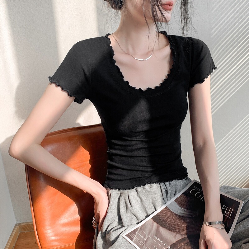 Lace Round Neck Short-Sleeved T-Shirt for Women 2026 Spring New Style Slim Fit Daily Pure Color Inner Top Lace Round Neck Short-Sleeved T-Shirt for Women 2026 Spring New Style Slim Fit Daily Pure Color Inner Top