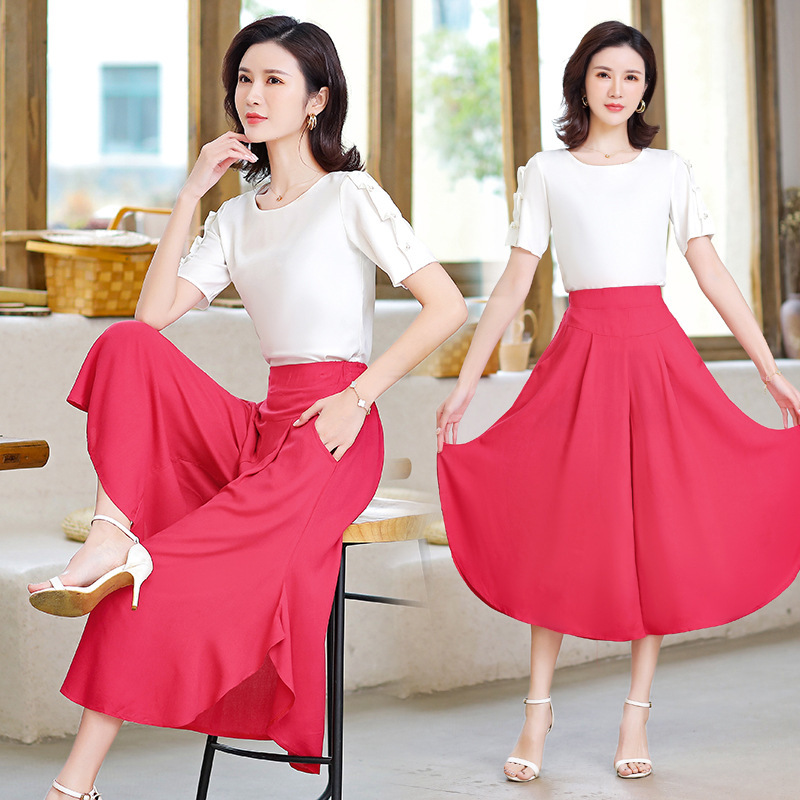 New Summer Cropped Cotton Wide-Leg Pants for Women, Plus Size, Drapey, Elastic High-Waisted, Wide-Leg Pants, Mom Dance Pants