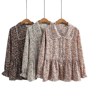 Plus size doll shirt long sleeve floral shirt Women's 2023 autumn chubby girl cardigan Shirt Waist-tight retro 8438