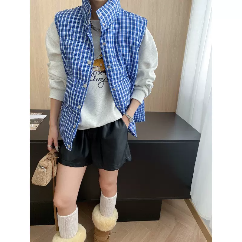 司南 博主式叠穿 复古高级感蓝格子撞色立领棉服马甲外套 SN7733