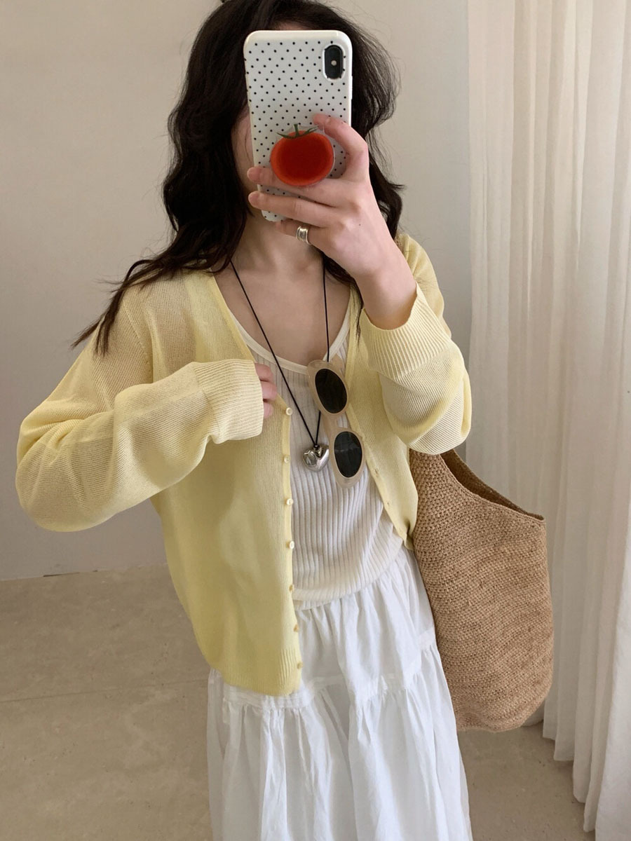 Mushi Seamless Integrated V-Neck Knitted Cardigan for Women, Korean Style, Thin, Slimming, Long-Sleeve Knitted Jacket Top M7107