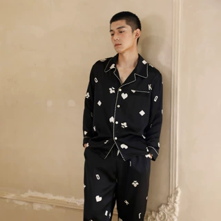 蝶绣游戏人生印花长袖长裤100%真丝套装可外穿19姆米桑蚕丝睡衣男
