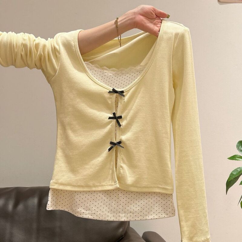 Bow-Tie Fake Two-Piece Lace Long-Sleeved T-Shirt for Women 2025 Spring & Fall New Slimming Look Sweet Elegant Top Trendy Bow-Tie Fake Two-Piece Lace Long-Sleeved T-Shirt for Women 2025 Spring & Fall New Slimming Look Sweet Elegant Top Trendy