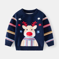 American and European Style Children's Christmas Deer Hooded Sweater Spring New Arrival Cross-border Direct Supply Children's Striped Sleeve Knit Shirt