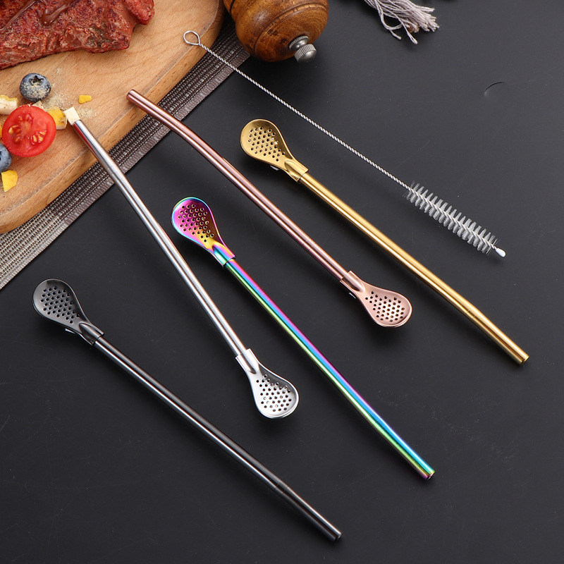 Cuchara de paja de acero inoxidable 304 doble propósito desmontable filtrado café té de leche cuchara de paja artefacto medioambiental