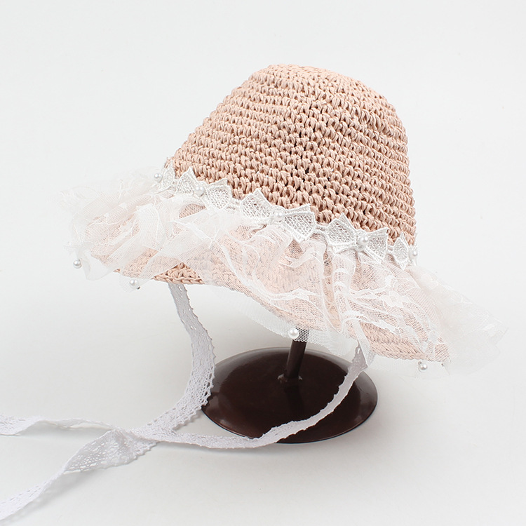 Korean Style Bowknot Pearl Lace Mesh Children's Straw Hat display picture 3