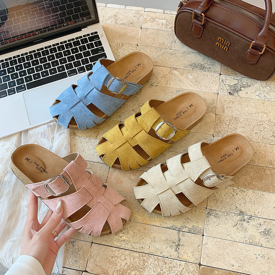 Baotou Half Slippers Women's Summer 2025 Suede Woven Hollow-out Roman Sandals and Slippers Thick Bottom One Pedal Birkenstocks
