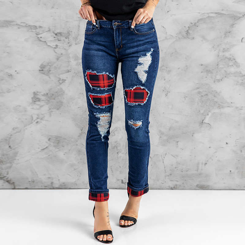 时颖欧美牛仔裤女2022夏季跨境新款豹纹九分裤高腰显瘦破洞牛仔裤
