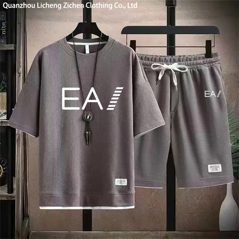 ワッフル半袖夏の Tシャツメンズカジュアルスポーツスーツ卸売ルーズフェイクツーピース半袖 Tシャツツーピースセット|undefined