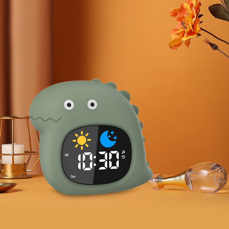 녹색 공룡 흰색 시끄러운 알람 시계 램프