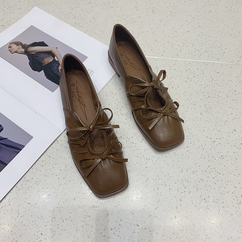 retro plain color square toe lace-up flats NSHU62841