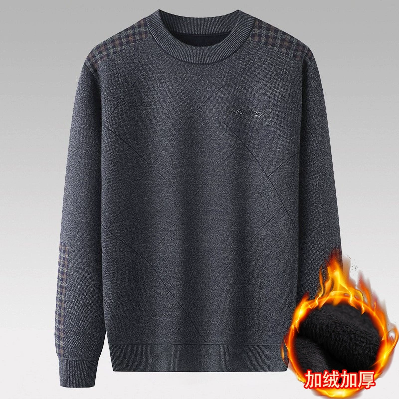 Новый зимний свитер для папы, утолщенный теплый топ на флисовой подкладке, свободная мужская вязаная Базовая рубашка, Мужская одежда для средних лет