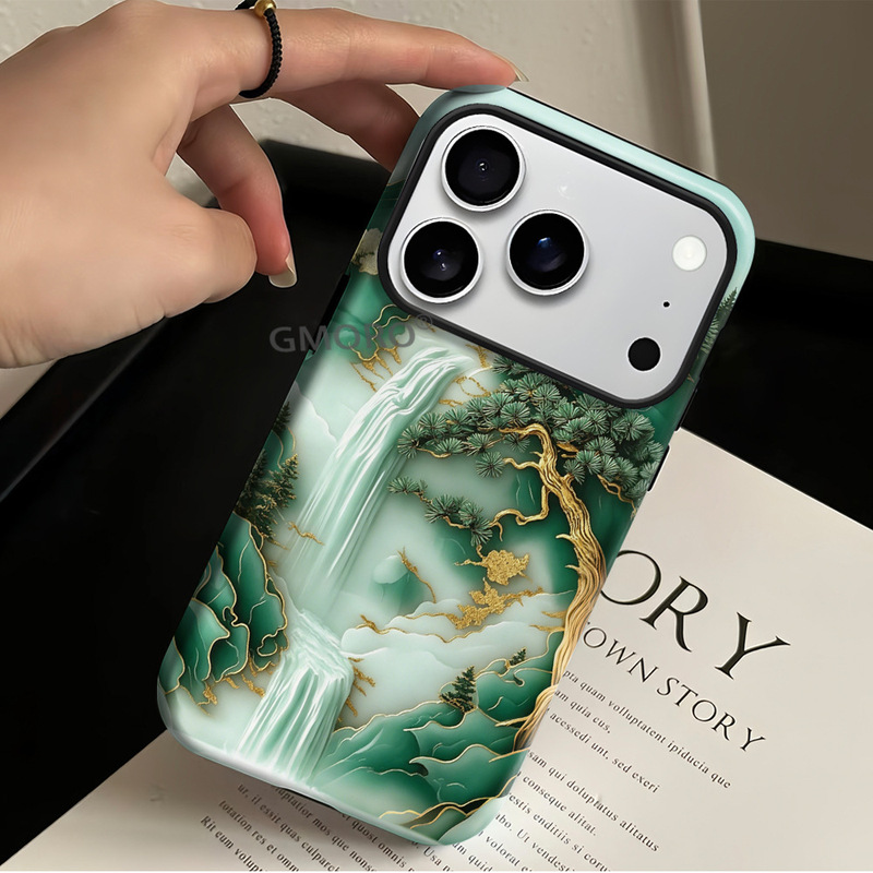 Gilded Green Landscape Phone Case for Apple 16 Pro, New Chinese Style iPhone 17 Pro Magnetic Film Hard Case Gilded Green Landscape Phone Case for Apple 16 Pro, New Chinese Style iPhone 17 Pro Magnetic Film Hard Case