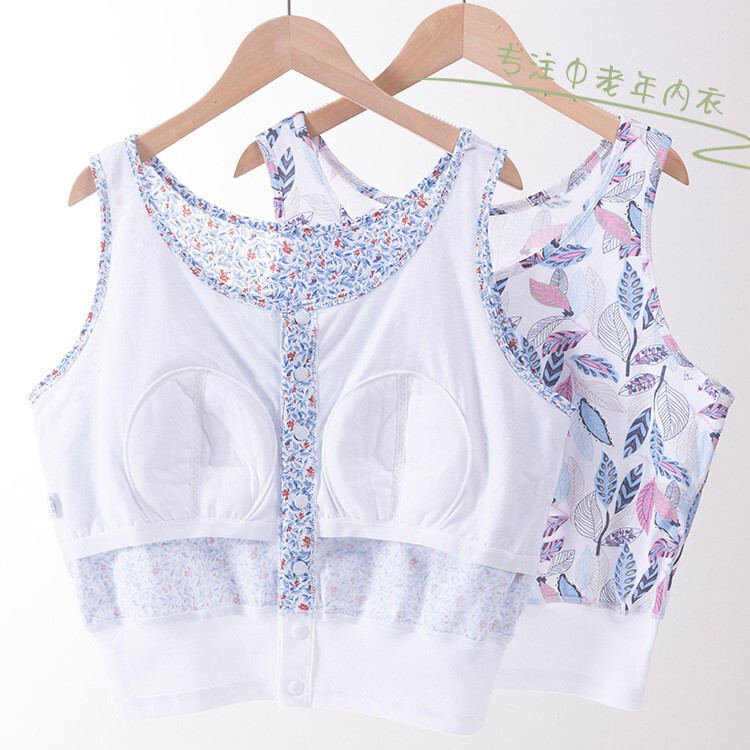 Middle-Aged and Elderly Pure Cotton Short Vest with Built-In Chest Pads, Loose Fit, Large Size, Printed, Front Buttoned, Thin Summer Underwear for Seniors