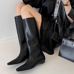 気質スクエアトゥハイウェッジブーツ女性用2025春秋新作ローヒールスリーブシンプル膝上なしナイトブーツ