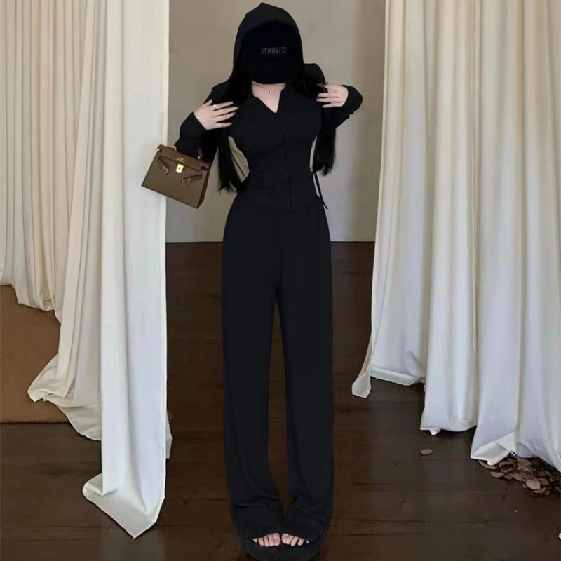 時尚套裝女春秋款2025新款拉鏈上衣闊腿褲黑色休閒運動網紅兩件套